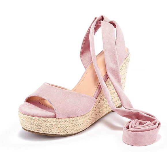 Women's Light Pink Wedges Open Ankle Strap Toe Tie Lace Up Sandals Heels Shoes - Picture 7 of 7